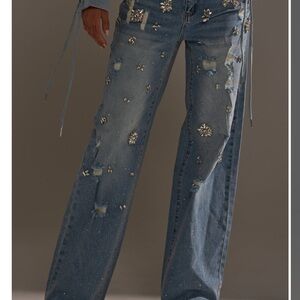 AKIRA Blue Embellished Wide-Leg Jeans